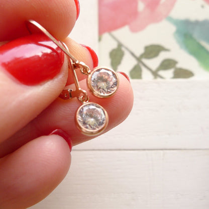 Dainty Rose Gold Leverback Earrings CZ