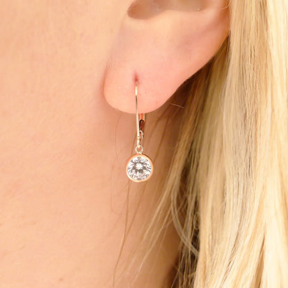 Dainty Rose Gold Leverback Earrings CZ