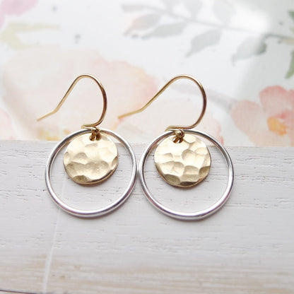 Dangle Earrings Hammered Gold & Silver Coin