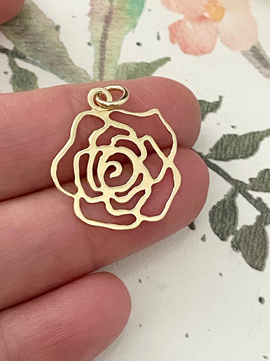 Rose Charm Large Gold Sterling Silver Openwork Filigree Pendant Flower