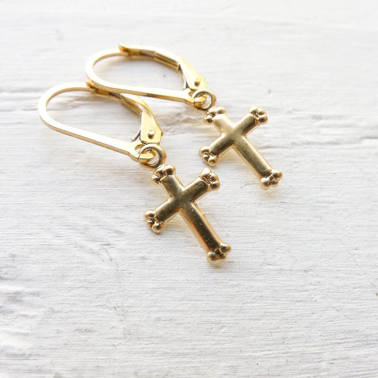 Gold Cross Dainty Leverback Earring