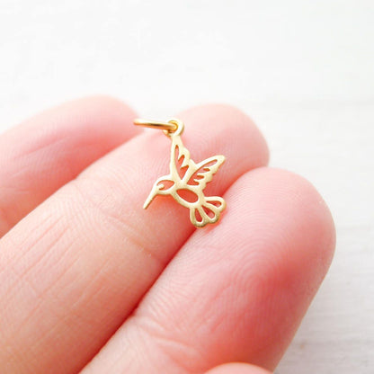 Gold Hummingbird Charm Vermeil Humming Bird Pendant Tiny Adorable Cut Out