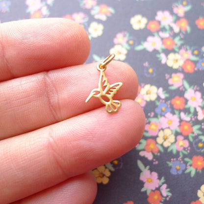 Gold Hummingbird Charm Vermeil Humming Bird Pendant Tiny Adorable Cut Out