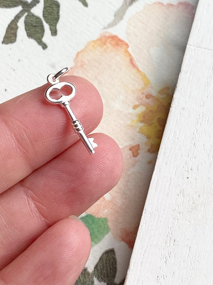 Key Charm Sterling Silver Scroll Skeleton Key Pendant