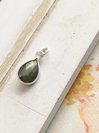 Labradorite Teardrop Charm 10mm Gem Pear Tear Drop in Sterling Silver Bezel