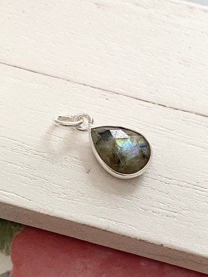 Labradorite Teardrop Charm 10mm Gem Pear Tear Drop in Sterling Silver Bezel