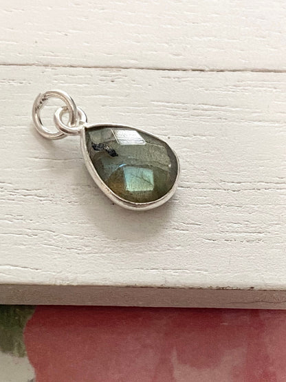 Labradorite Teardrop Charm 10mm Gem Pear Tear Drop in Sterling Silver Bezel